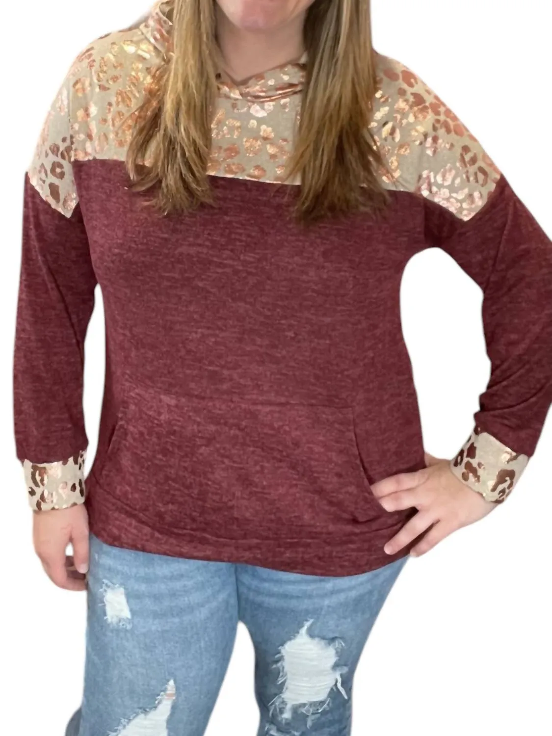 Animal Print Hoodie In Burgundy/rose Gold
