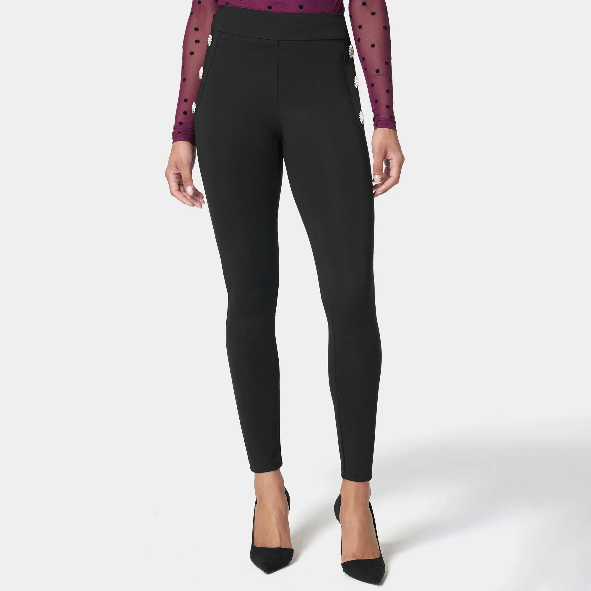 Bebe Women's High Waist Rhinestone Button Legging