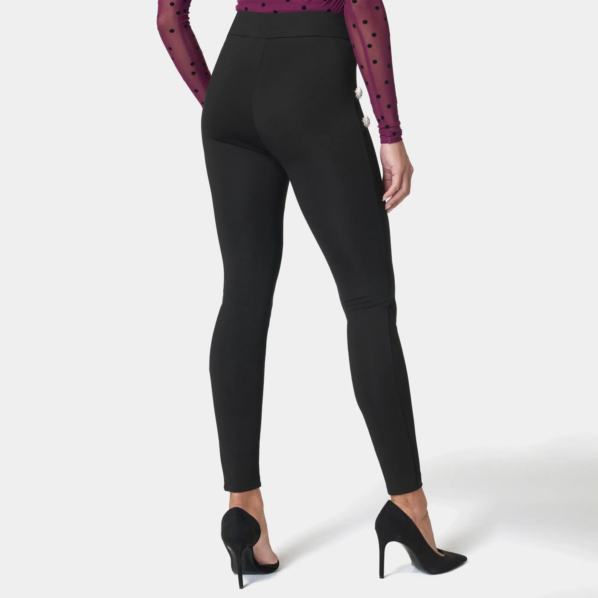 Bebe Women's High Waist Rhinestone Button Legging