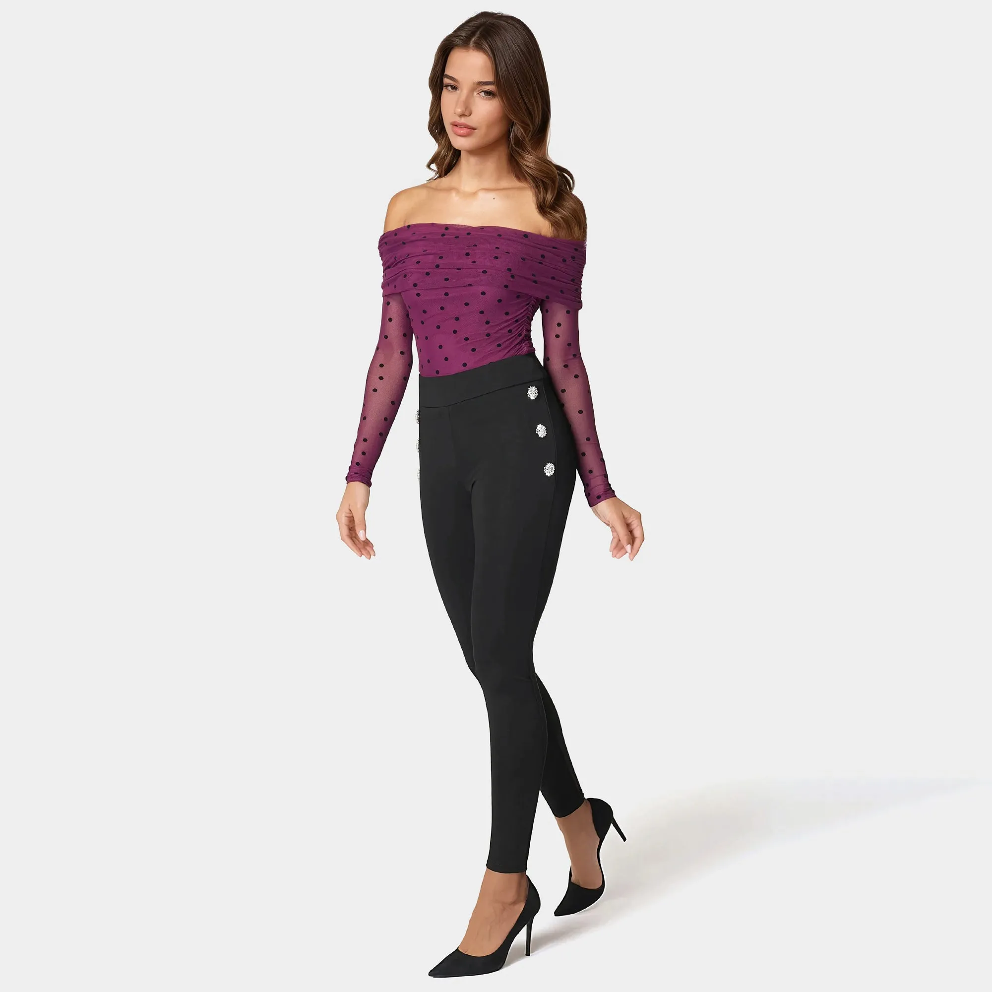 Bebe Women's High Waist Rhinestone Button Legging