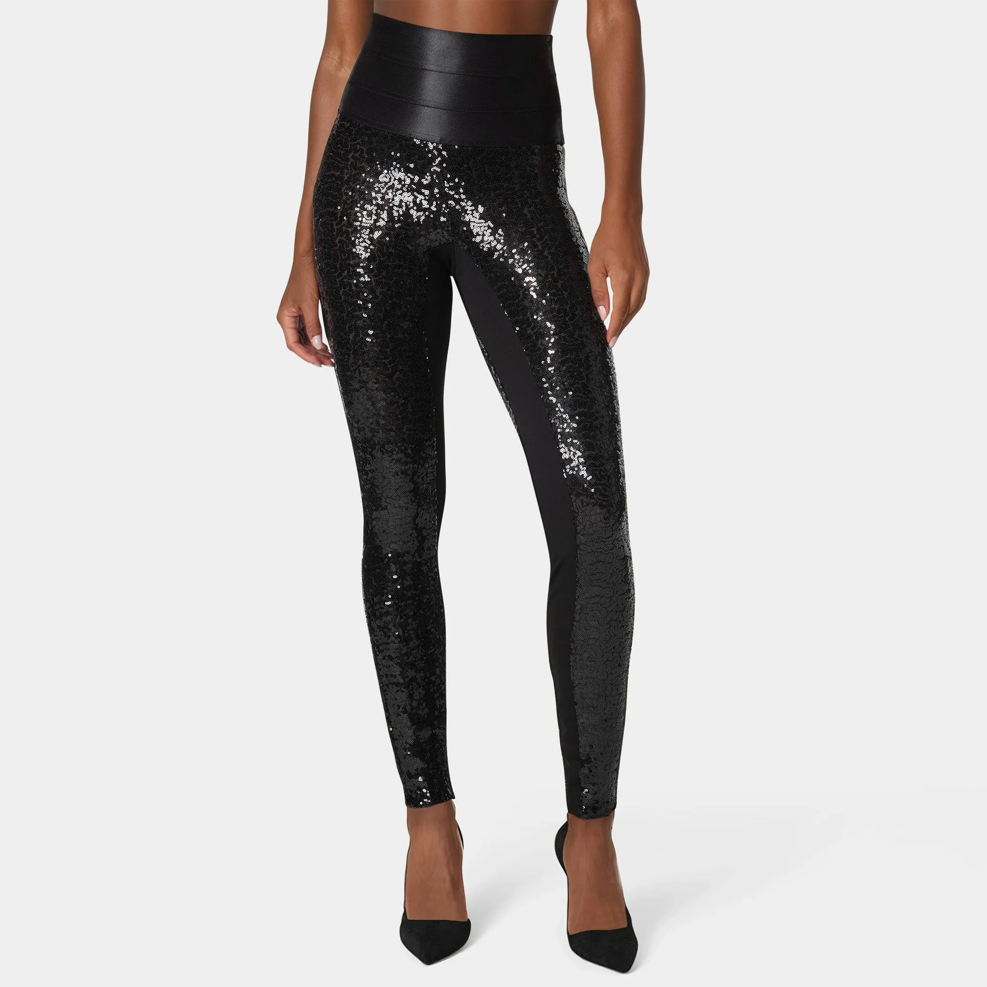 Bebe Women's Satin Elastic Waistband Sequin Legging