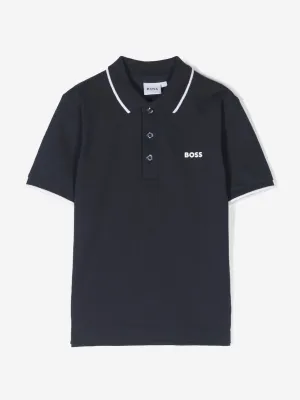 BOSS Boys Logo Print Polo Shirt in Navy