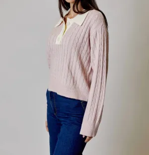 Button Collar Cable Knit Sweater In Pink/ivory