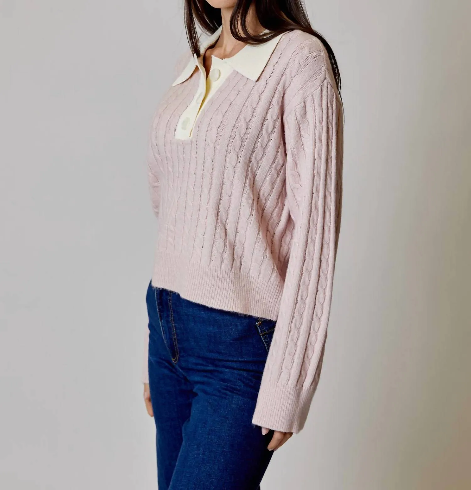 Button Collar Cable Knit Sweater In Pink/ivory