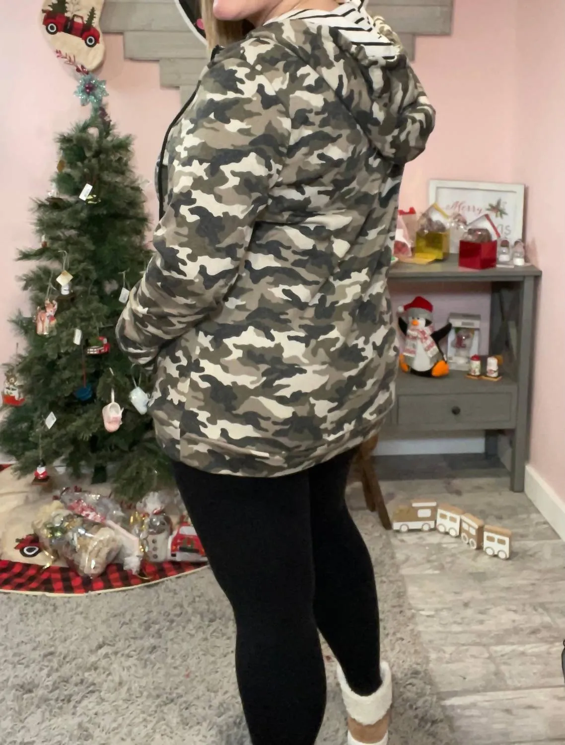 Camo And Stripes Half Zip Hoodie In Green