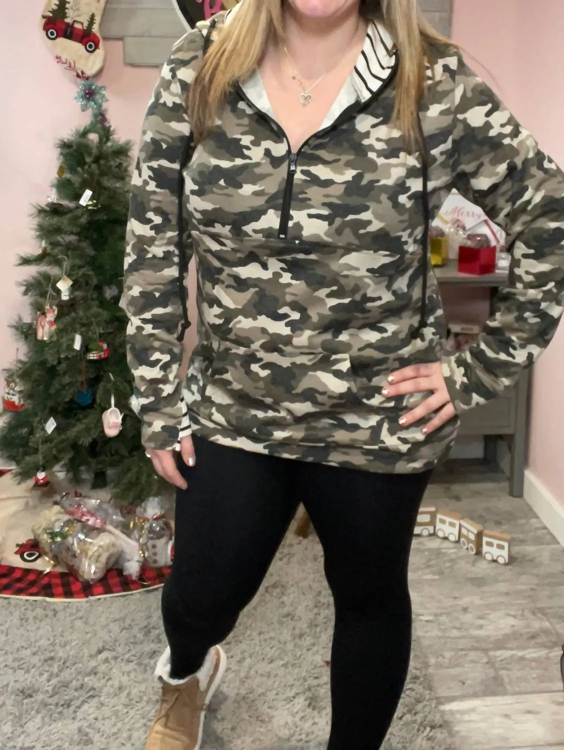 Camo And Stripes Half Zip Hoodie In Green
