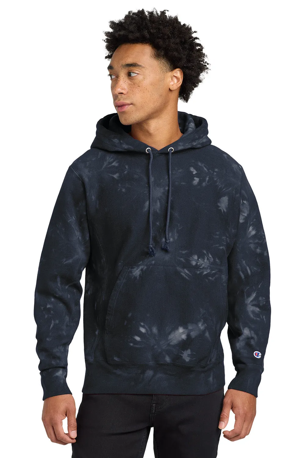 Champion Mens Reverse Weave Scrunch Dye Hooded Sweatshirt Hoodie w/ Pouch Pocket - Navy Blue