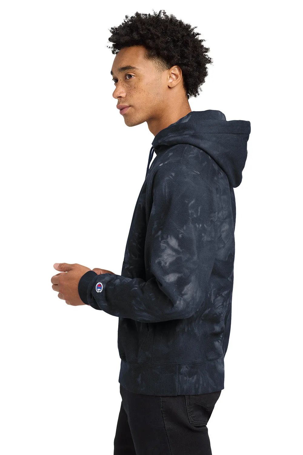 Champion Mens Reverse Weave Scrunch Dye Hooded Sweatshirt Hoodie w/ Pouch Pocket - Navy Blue