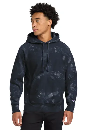 Champion Mens Reverse Weave Scrunch Dye Hooded Sweatshirt Hoodie w/ Pouch Pocket - Navy Blue