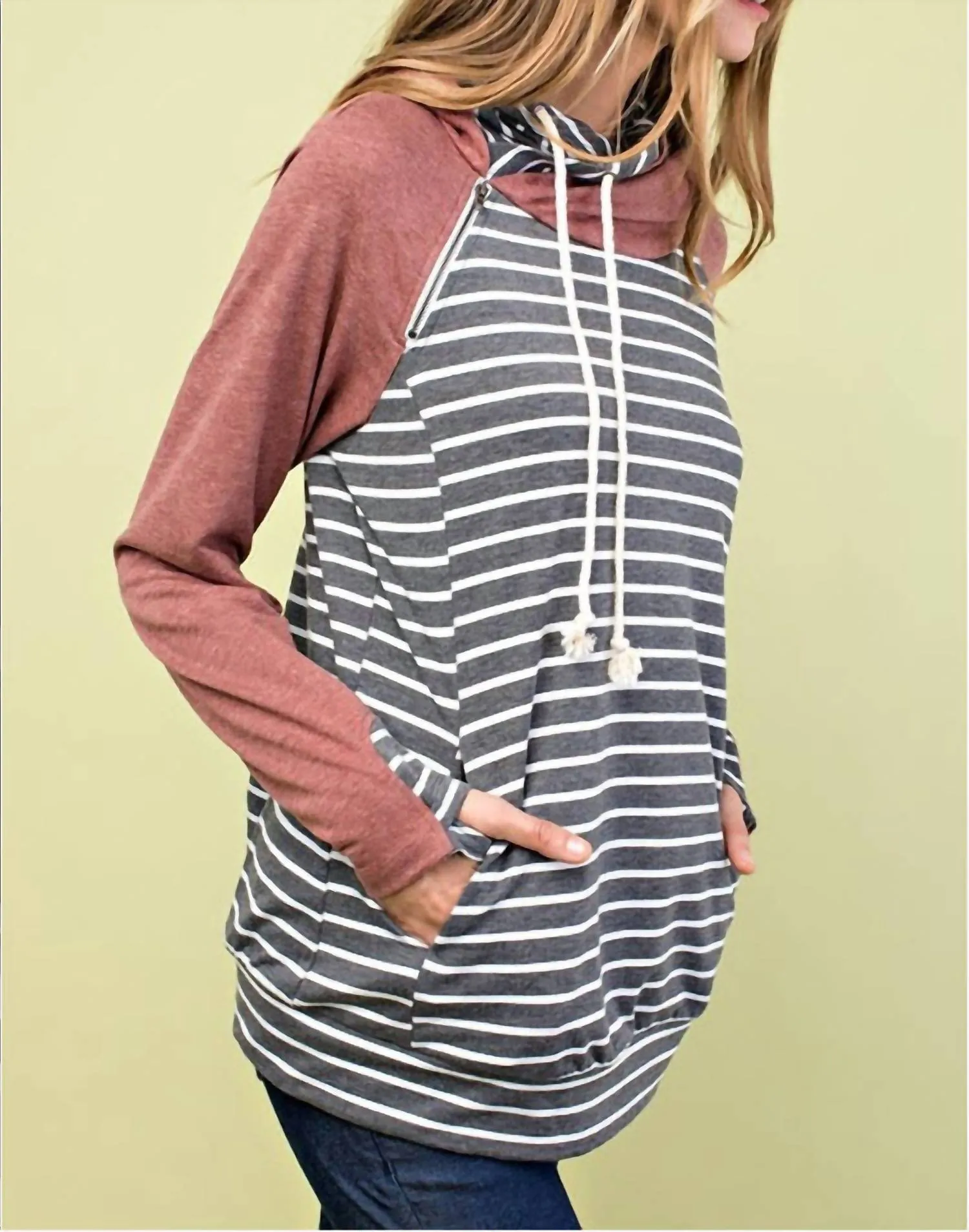 Colorblock Double Hood Hoodie In Gray