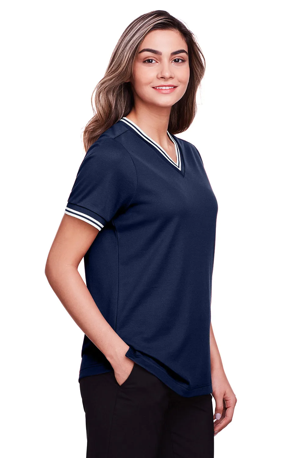 Devon & Jones Womens CrownLux Performance Moisture Wicking Short Sleeve Polo Shirt - Navy Blue/White