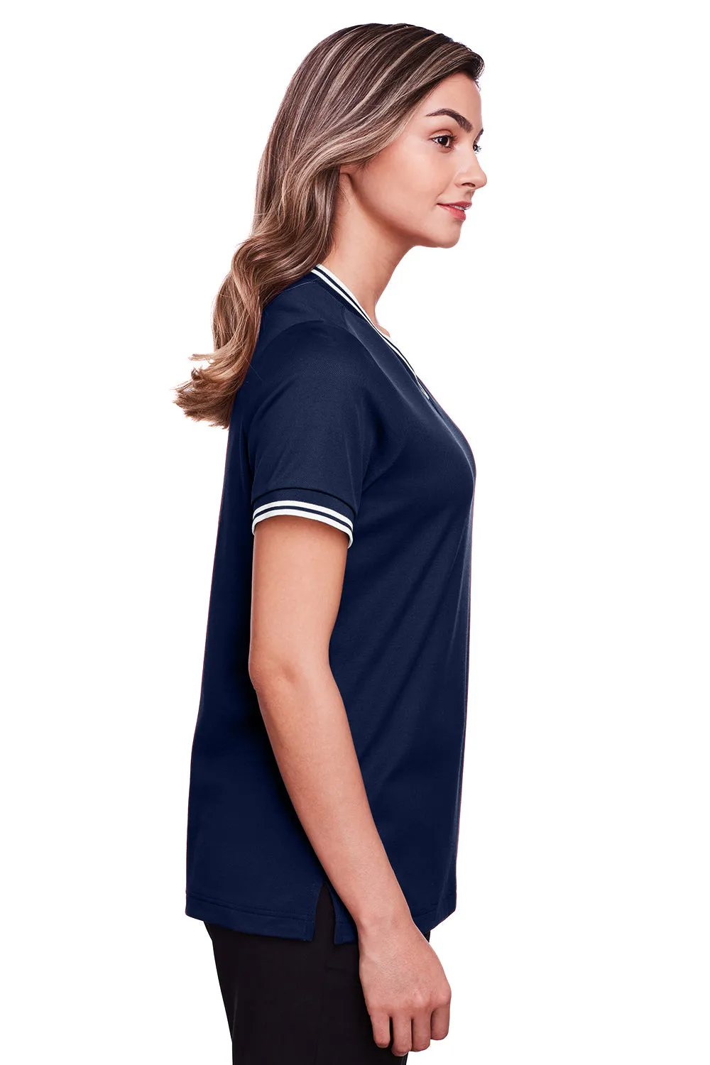 Devon & Jones Womens CrownLux Performance Moisture Wicking Short Sleeve Polo Shirt - Navy Blue/White