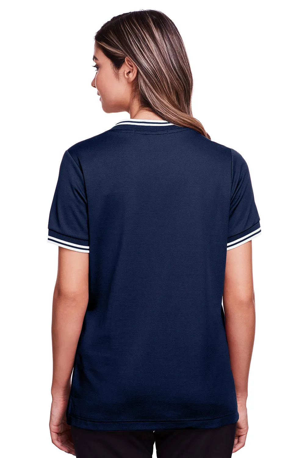 Devon & Jones Womens CrownLux Performance Moisture Wicking Short Sleeve Polo Shirt - Navy Blue/White