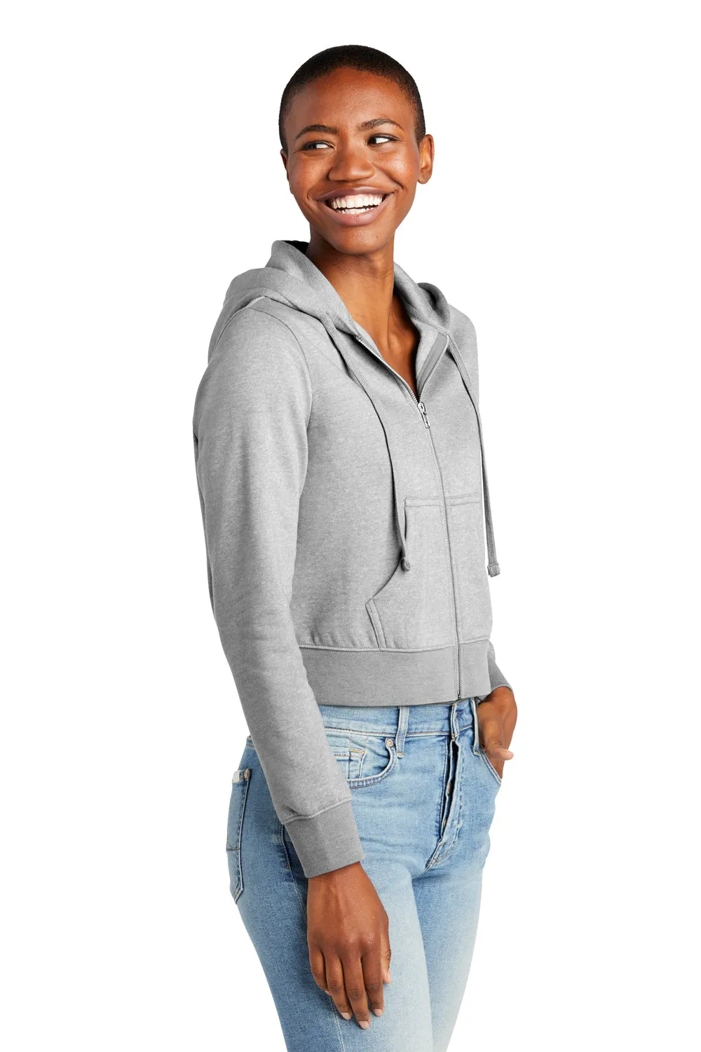 District Womens V.I.T. Fleece Full Zip Hooded Sweatshirt Hoodie w/ Pockets - Heather Light Grey