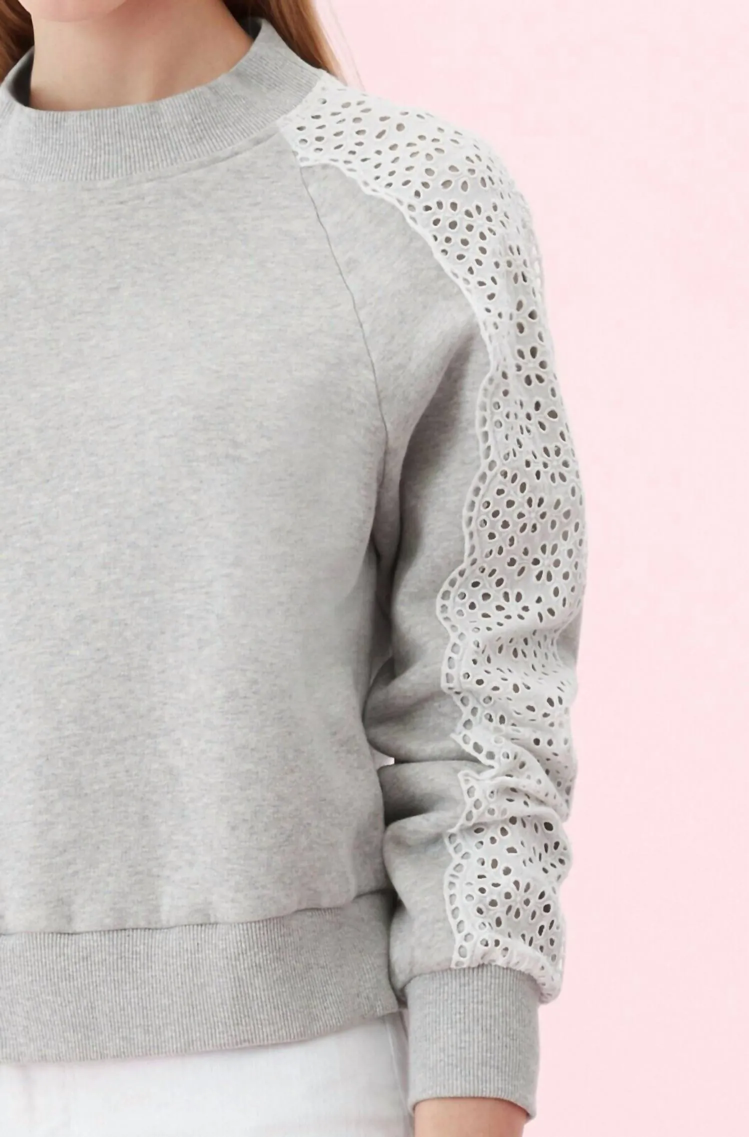 Eyelet Crewneck Fleece Pullover In Grey