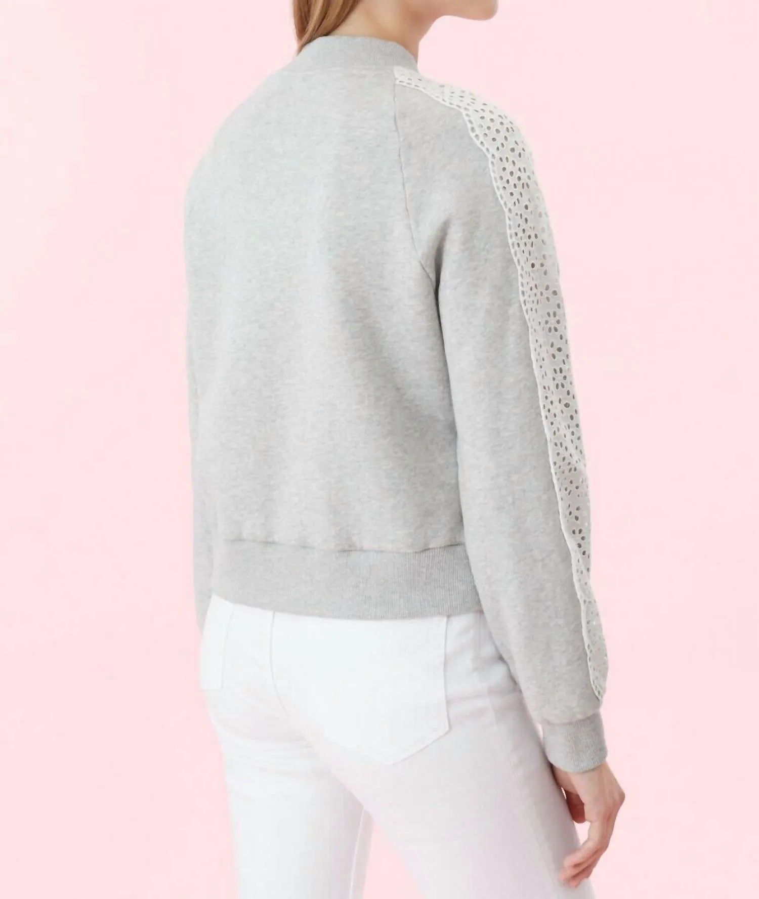 Eyelet Crewneck Fleece Pullover In Grey