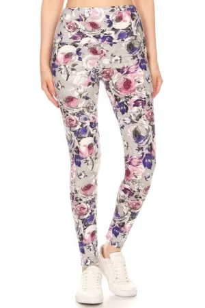 FASHNZFAB 5-inch Long Yoga Style Banded Lined Floral Printed Knit Legging With High Waist