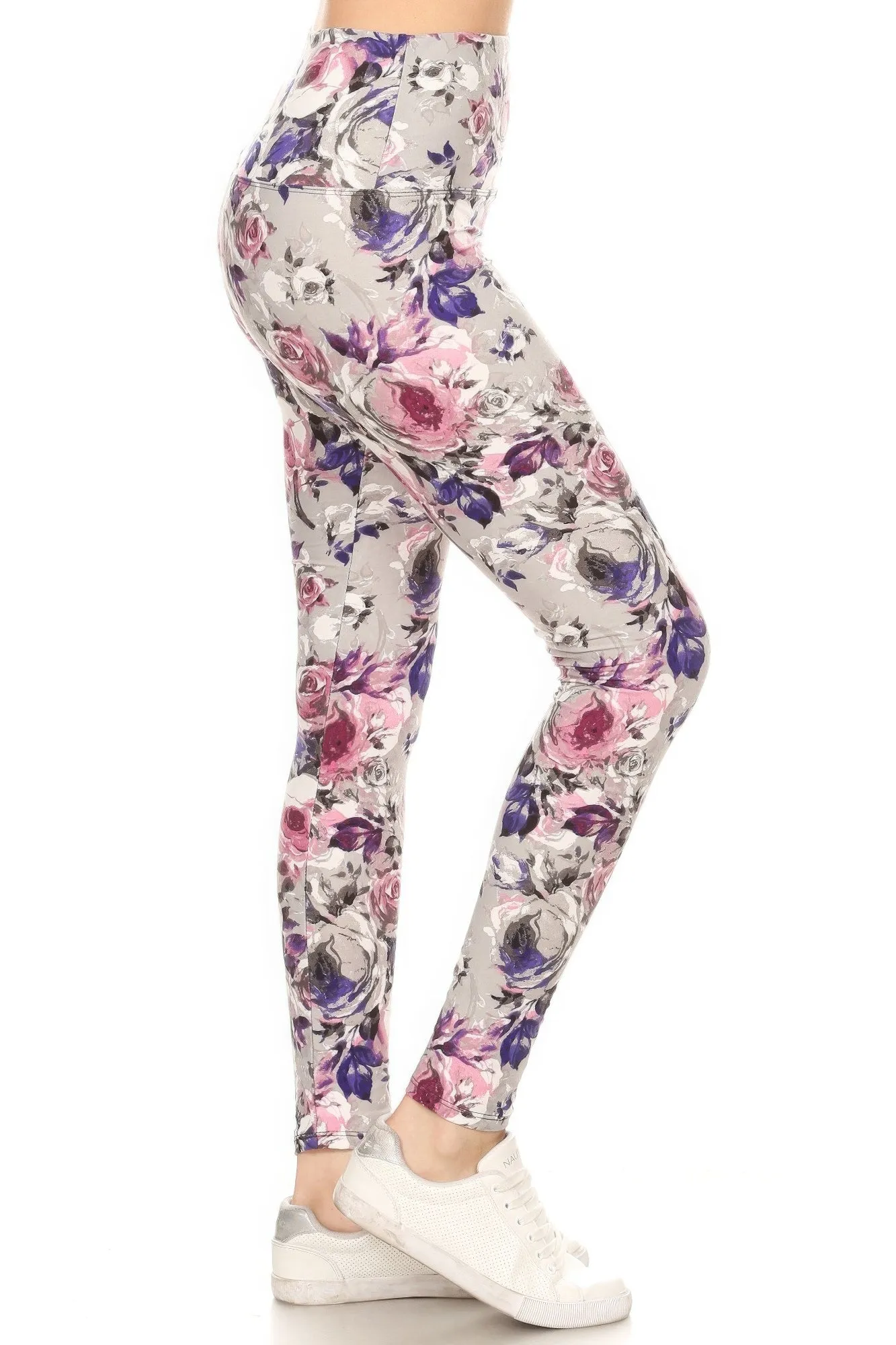 FASHNZFAB 5-inch Long Yoga Style Banded Lined Floral Printed Knit Legging With High Waist