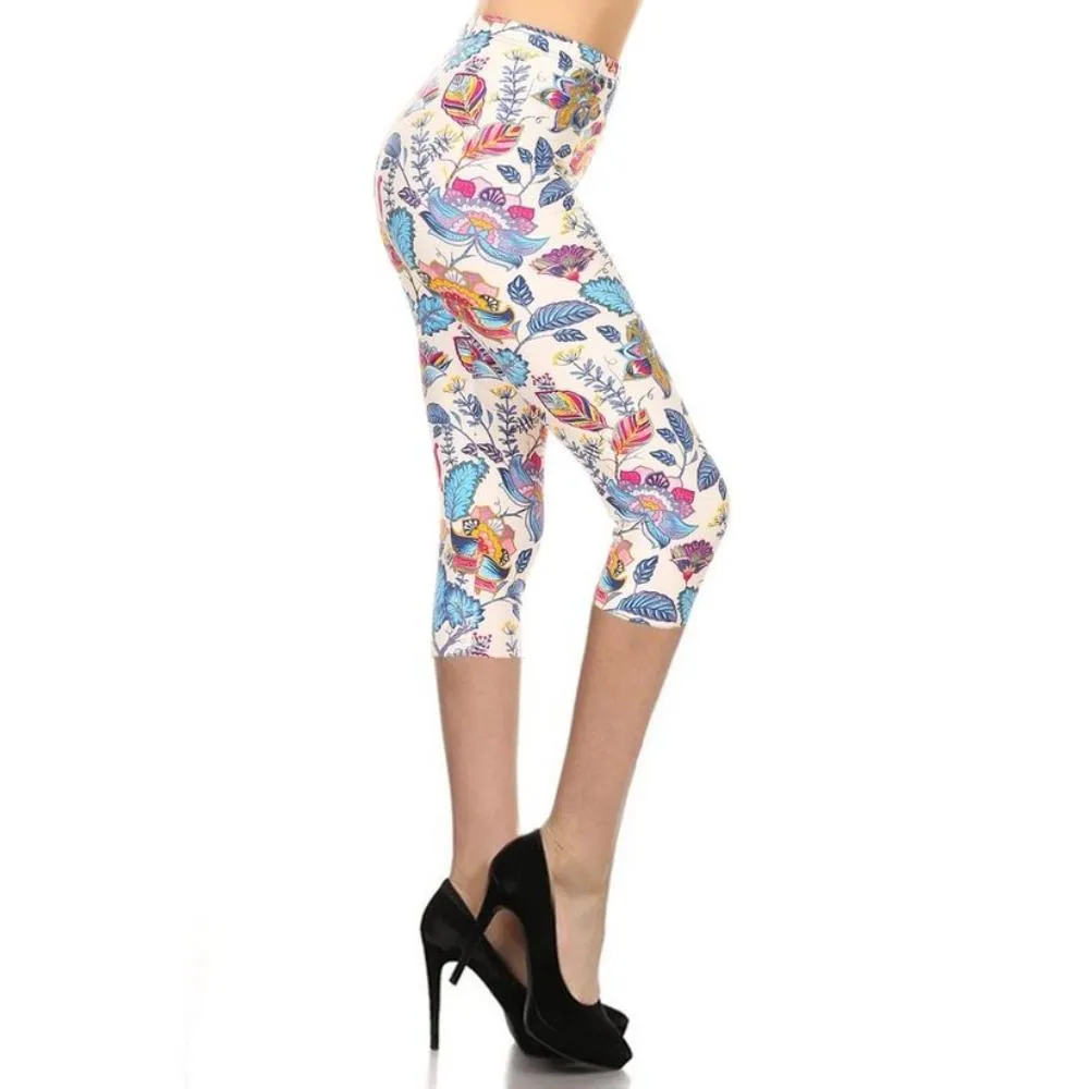 FASHNZFAB Floral Printed Lined Knit Capri Legging With Elastic Waistband