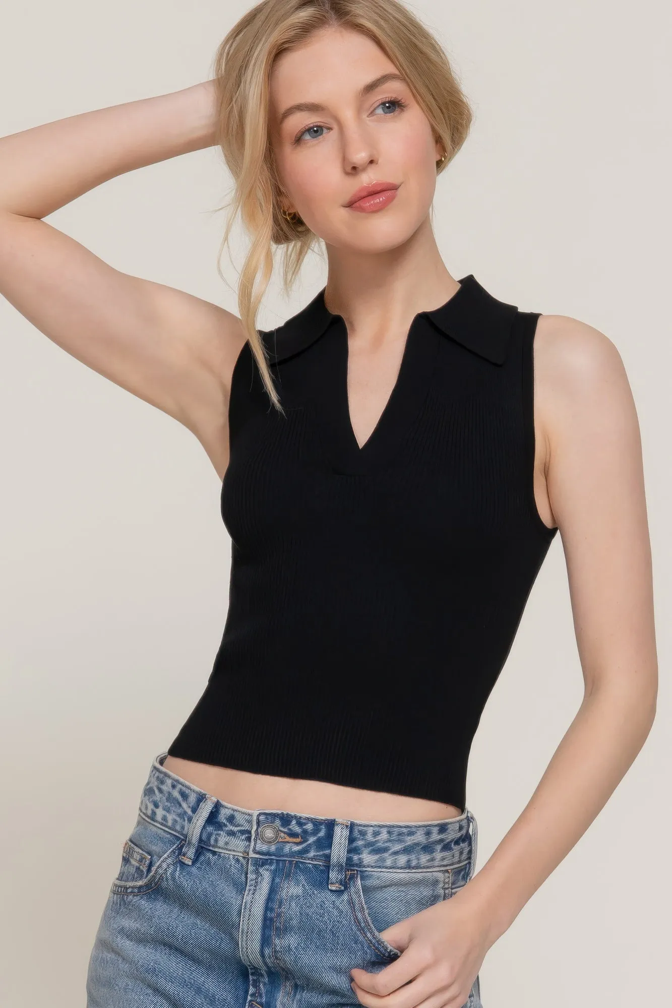 FASHNZFAB Sleeveless Polo Spring Sweater