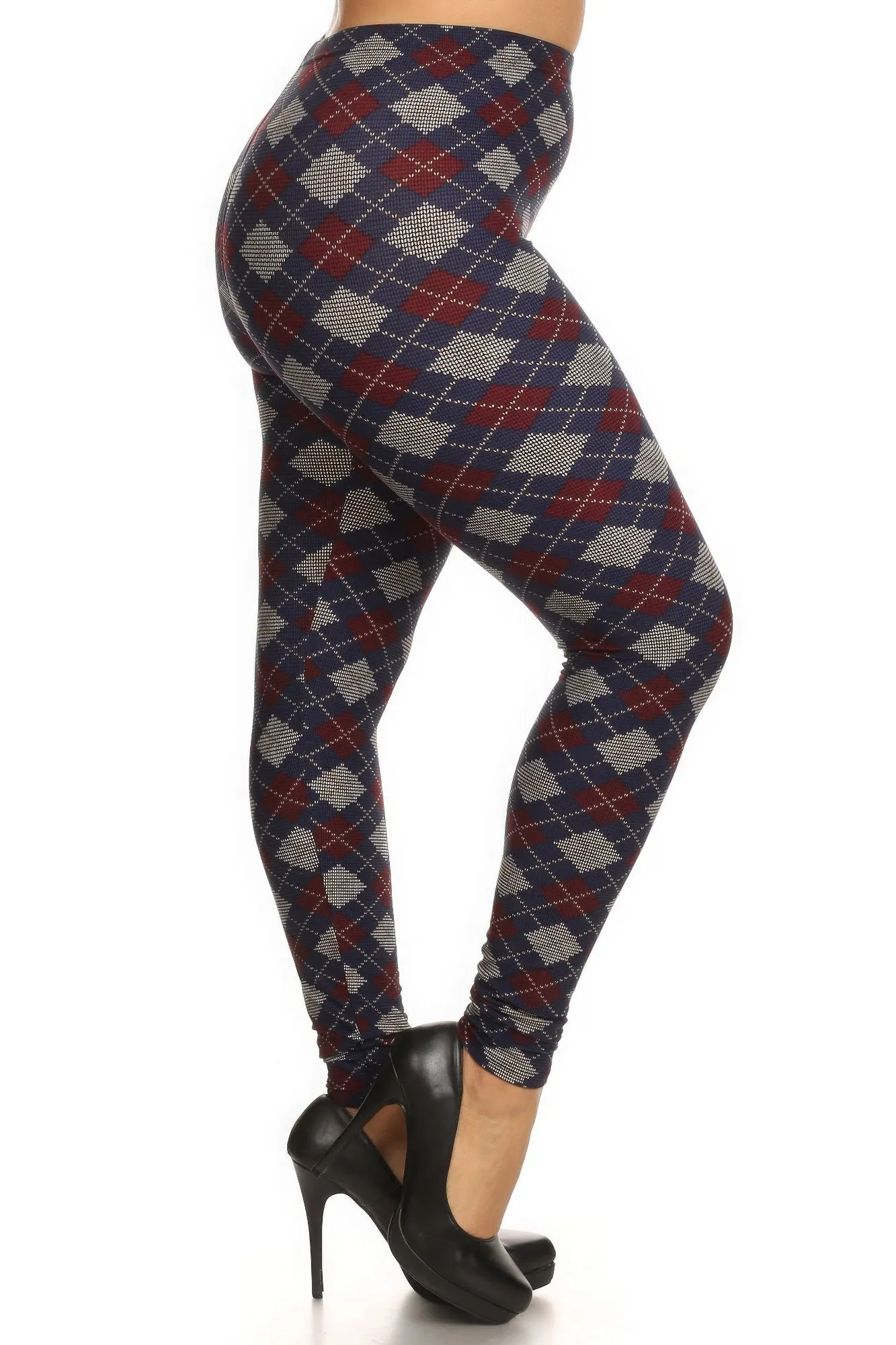 FASHNZFAB Women's Plus Size Plaid Graphic Printed Knit Legging With Elastic Waist Detail