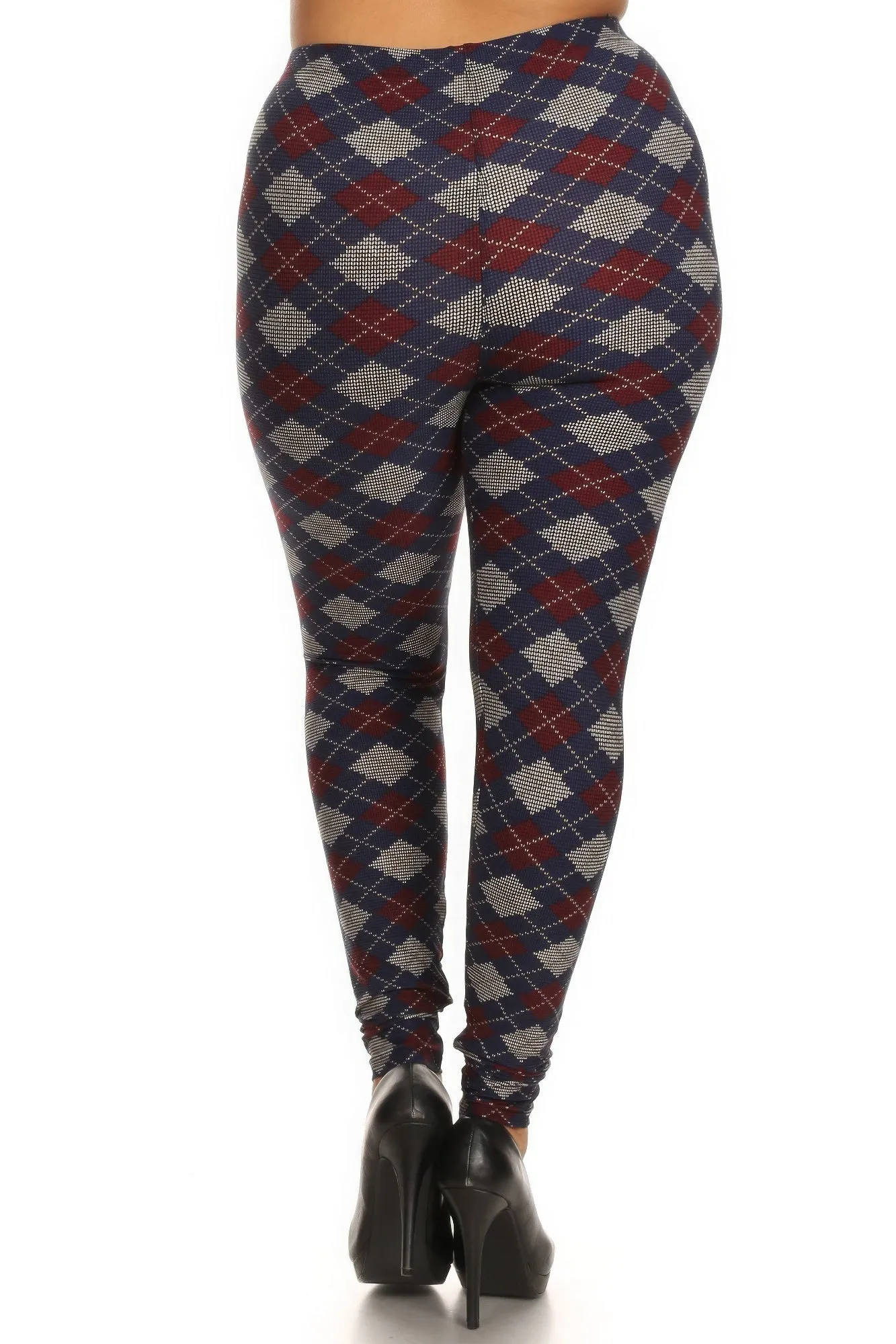 FASHNZFAB Women's Plus Size Plaid Graphic Printed Knit Legging With Elastic Waist Detail