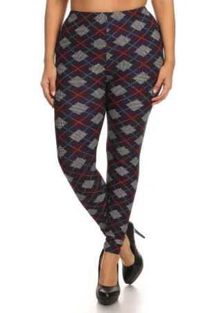 FASHNZFAB Women's Plus Size Plaid Graphic Printed Knit Legging With Elastic Waist Detail