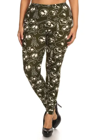 FASHNZFAB Women's Skulls And Bones Graphic Printed Knit Legging With Elastic Waist Detail. High Waist Fit.
