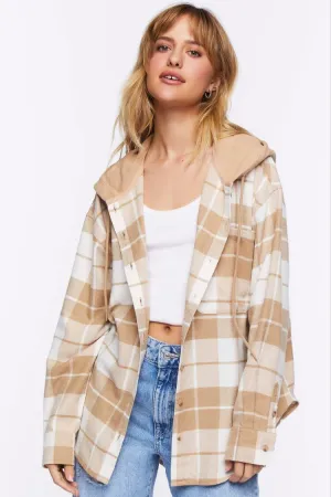 Forever 21 Women's Hooded Flannel Combo Shirt Vanilla/Khaki Forever 21