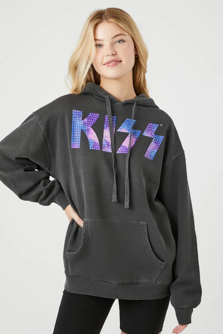 Forever 21 Women's Rhinestone KISS Fleece Graphic Hoodie Sweatshirt Black/Multi Forever 21