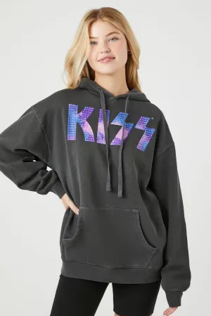 Forever 21 Women's Rhinestone KISS Fleece Graphic Hoodie Sweatshirt Black/Multi Forever 21