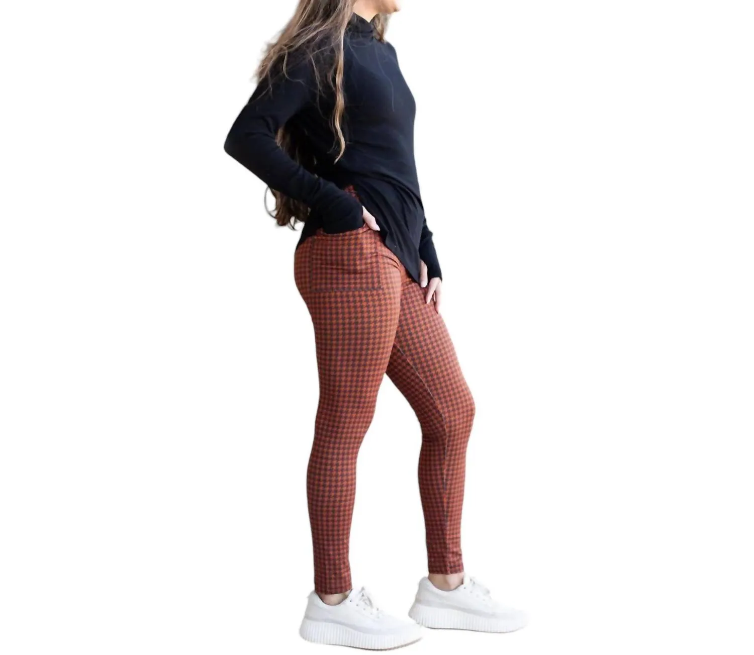 Full Length Leggings With Pockets In Autumn Houndstooth