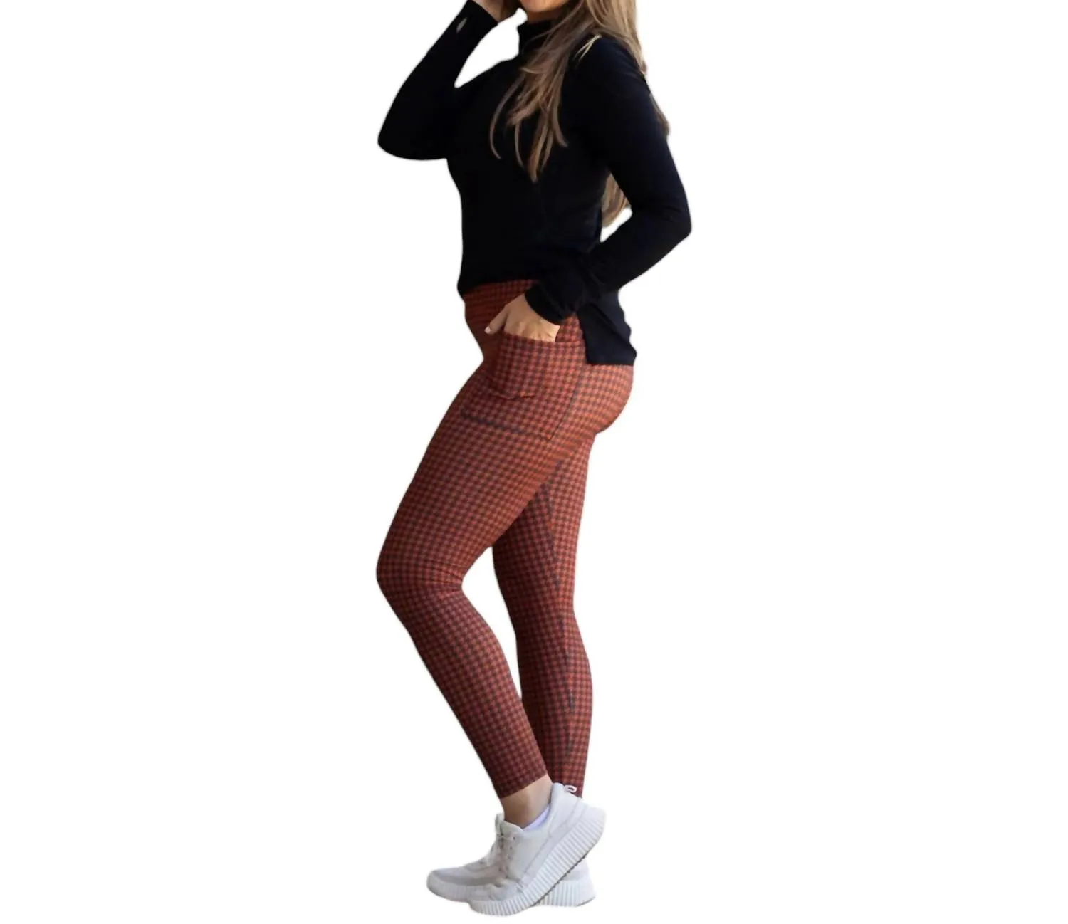 Full Length Leggings With Pockets In Autumn Houndstooth