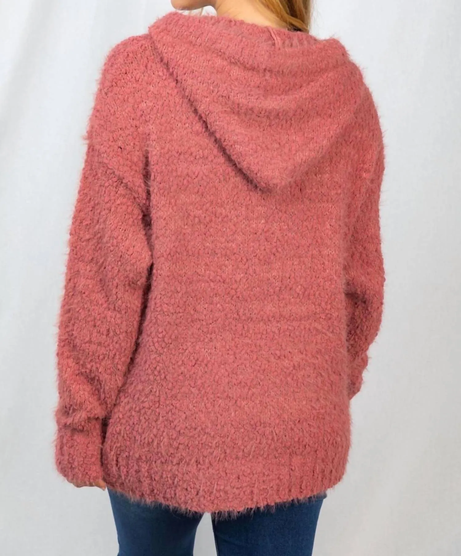 Fuzzy Knit Hoodie In Rose