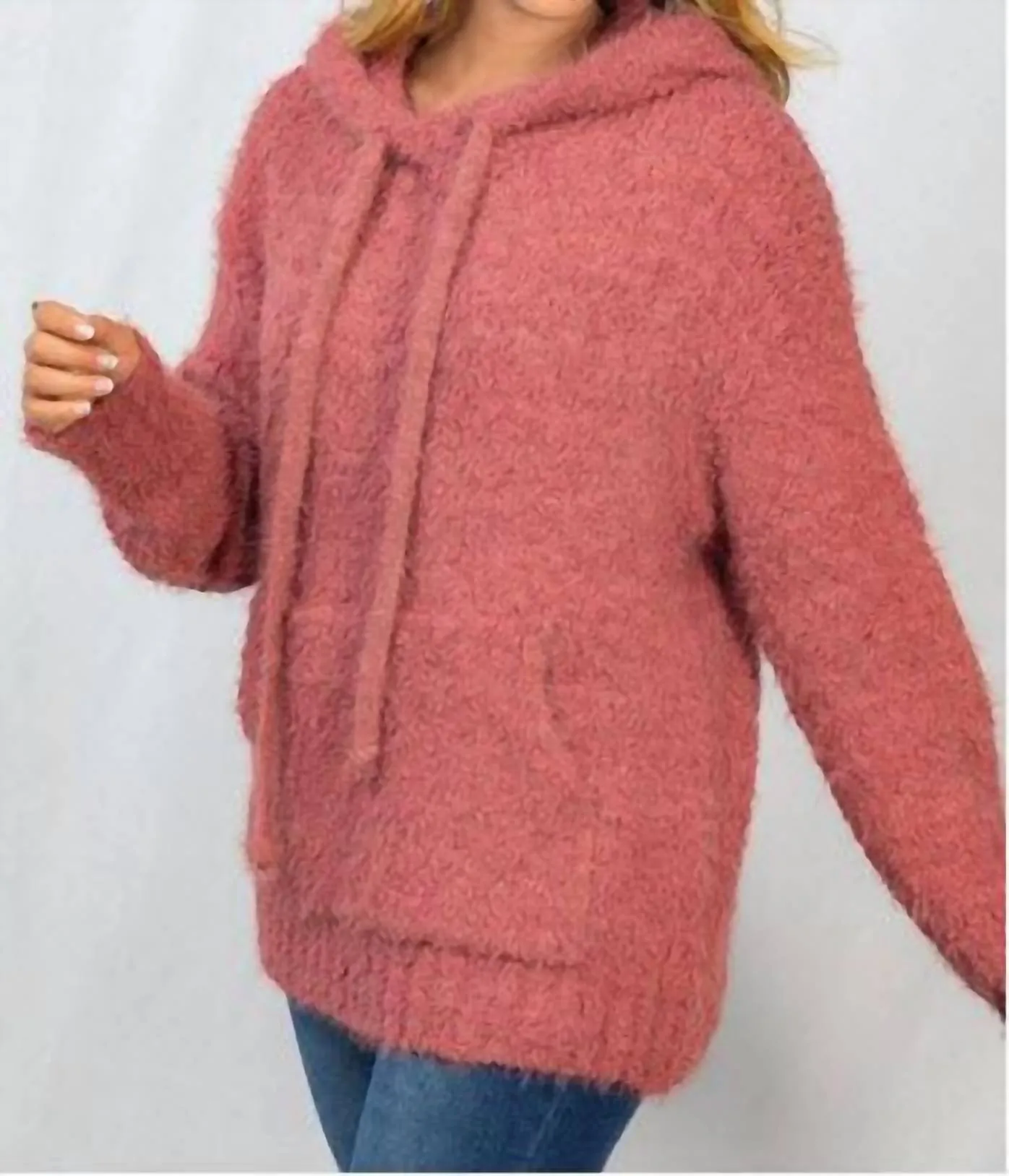 Fuzzy Knit Hoodie In Rose