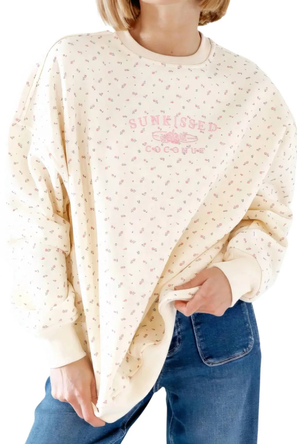 Girls Juniors Floral Sunkissed Sweatshirt In Toasted Cream