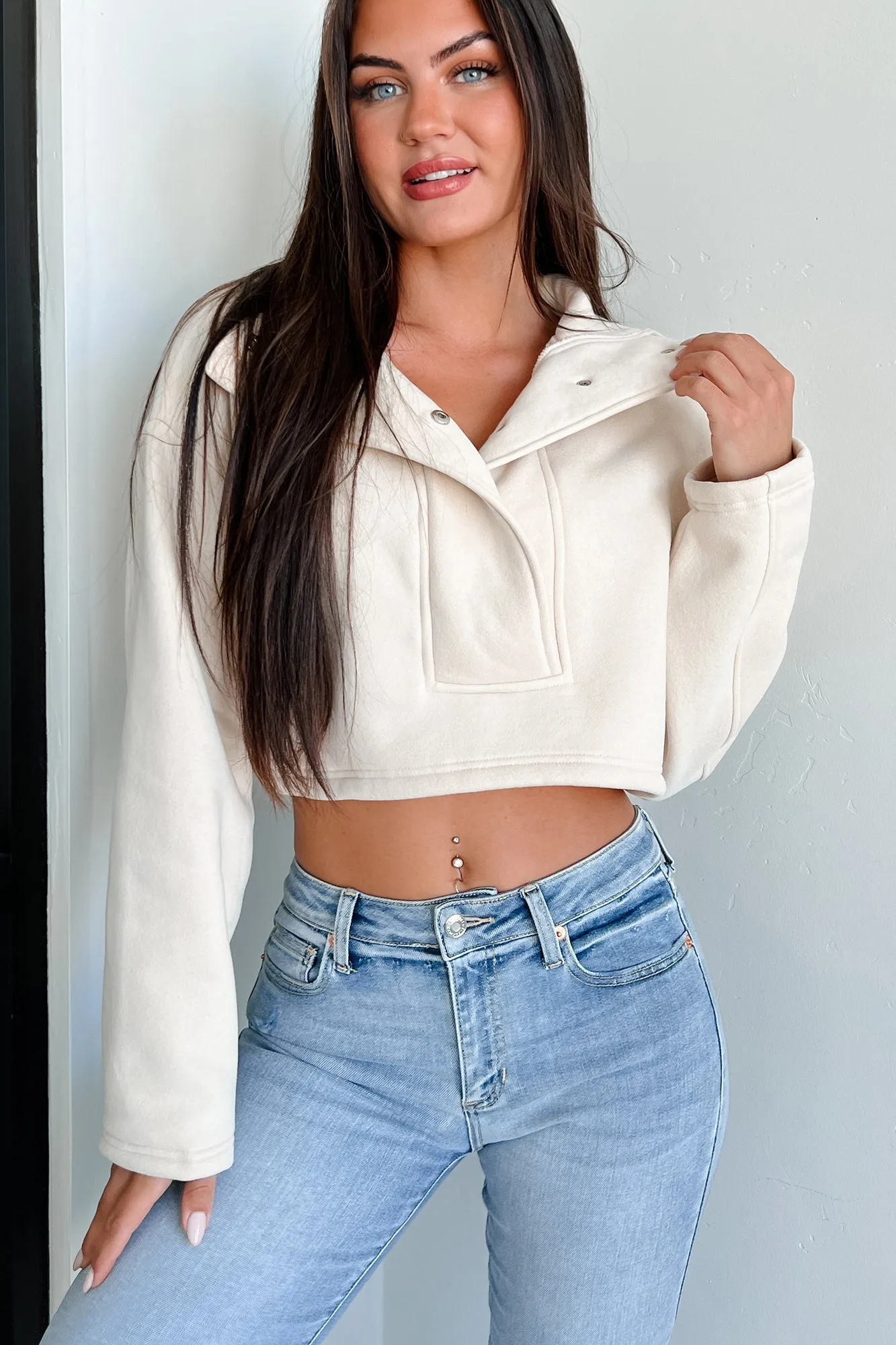 Go-Getter Attitude Cropped Snap-Button Pullover (Cream)