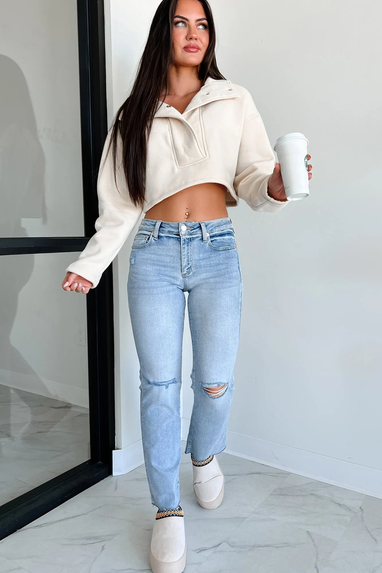 Go-Getter Attitude Cropped Snap-Button Pullover (Cream)