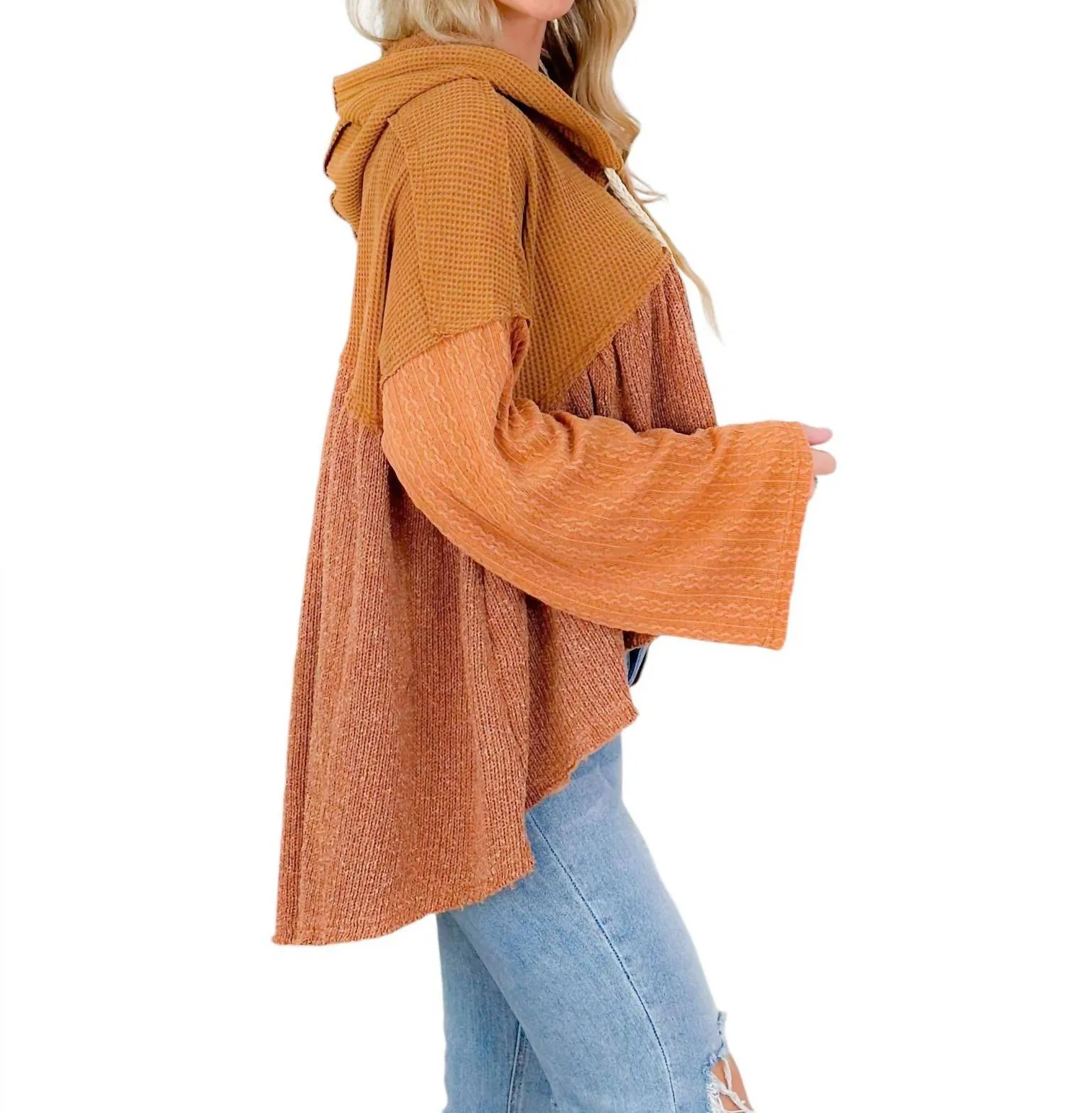 Hi Lo Knit Hoodie Top In Toffee