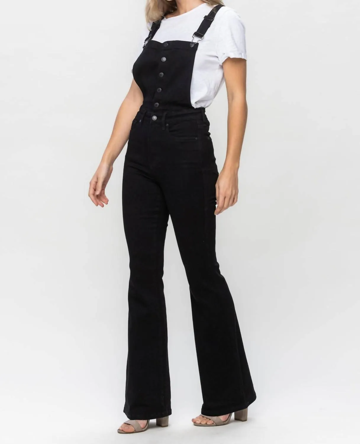 High Waist Tummy Control Top Retro Flare Overall Jeans In Black