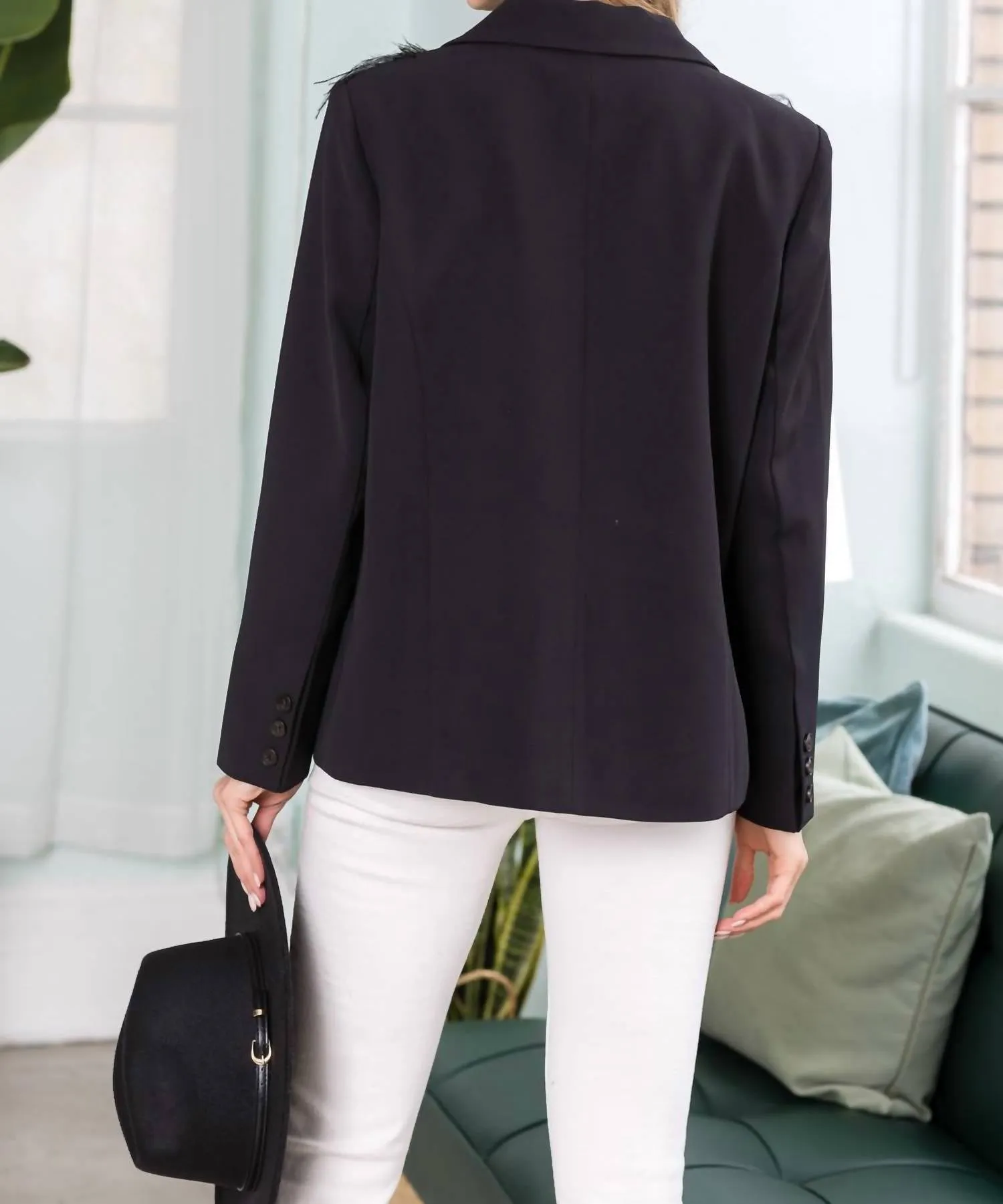 Jane Feathered Blazer Jacket In Black