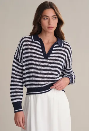 Kimberly Stripe Open Stitch Polo Sweater in Dark Blue Multi