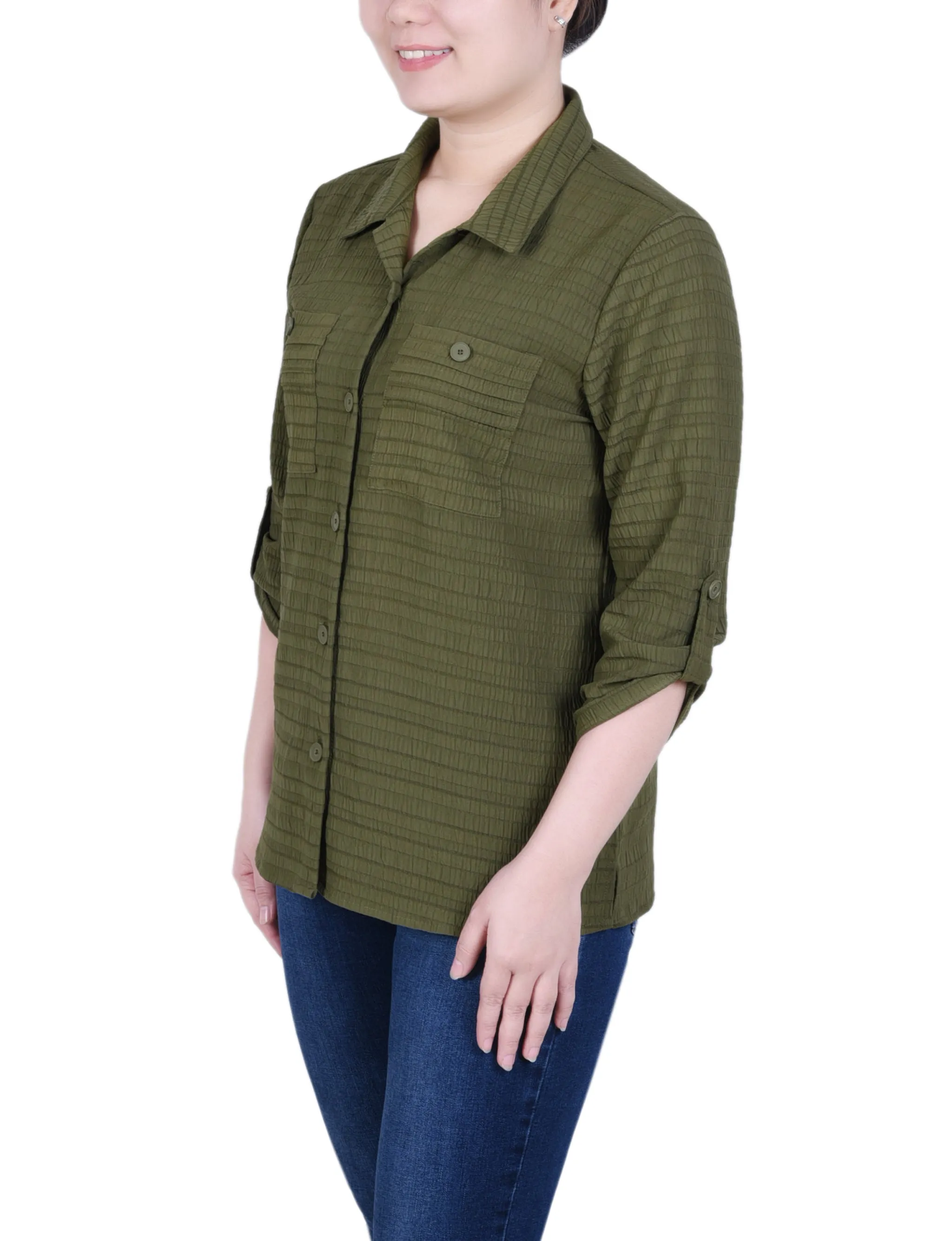 Long Roll Tab Sleeve Jacquard Blouse