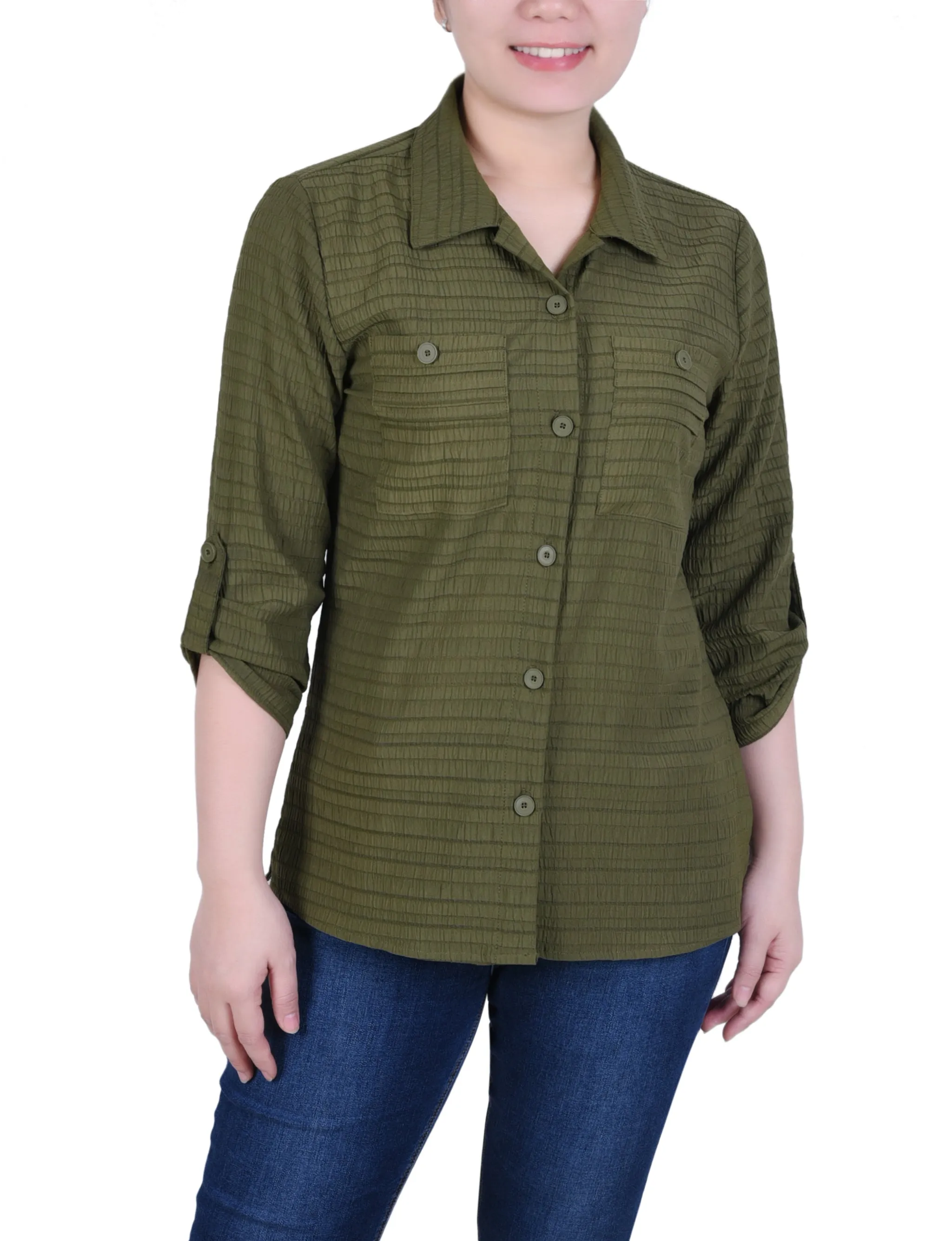 Long Roll Tab Sleeve Jacquard Blouse