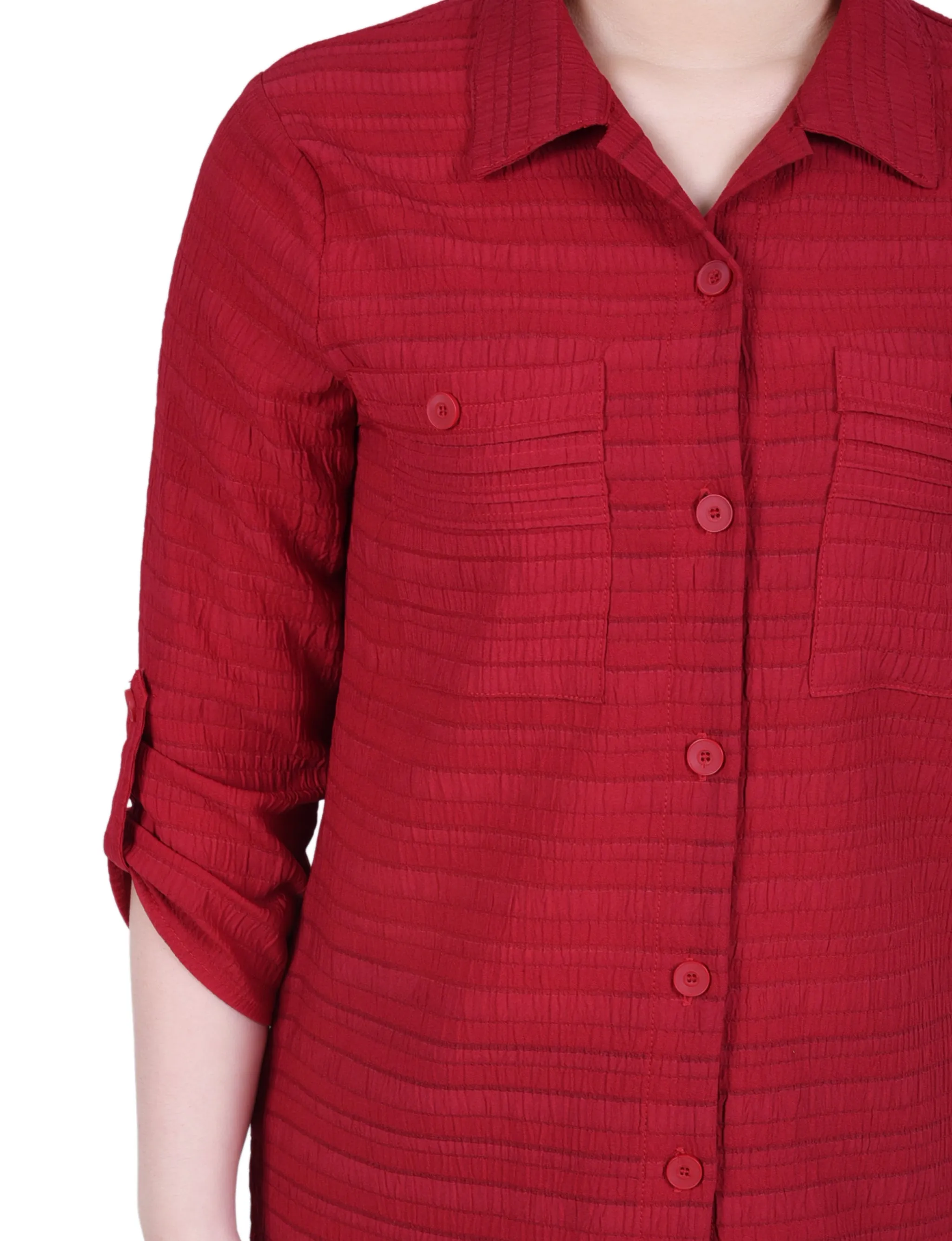 Long Roll Tab Sleeve Jacquard Blouse