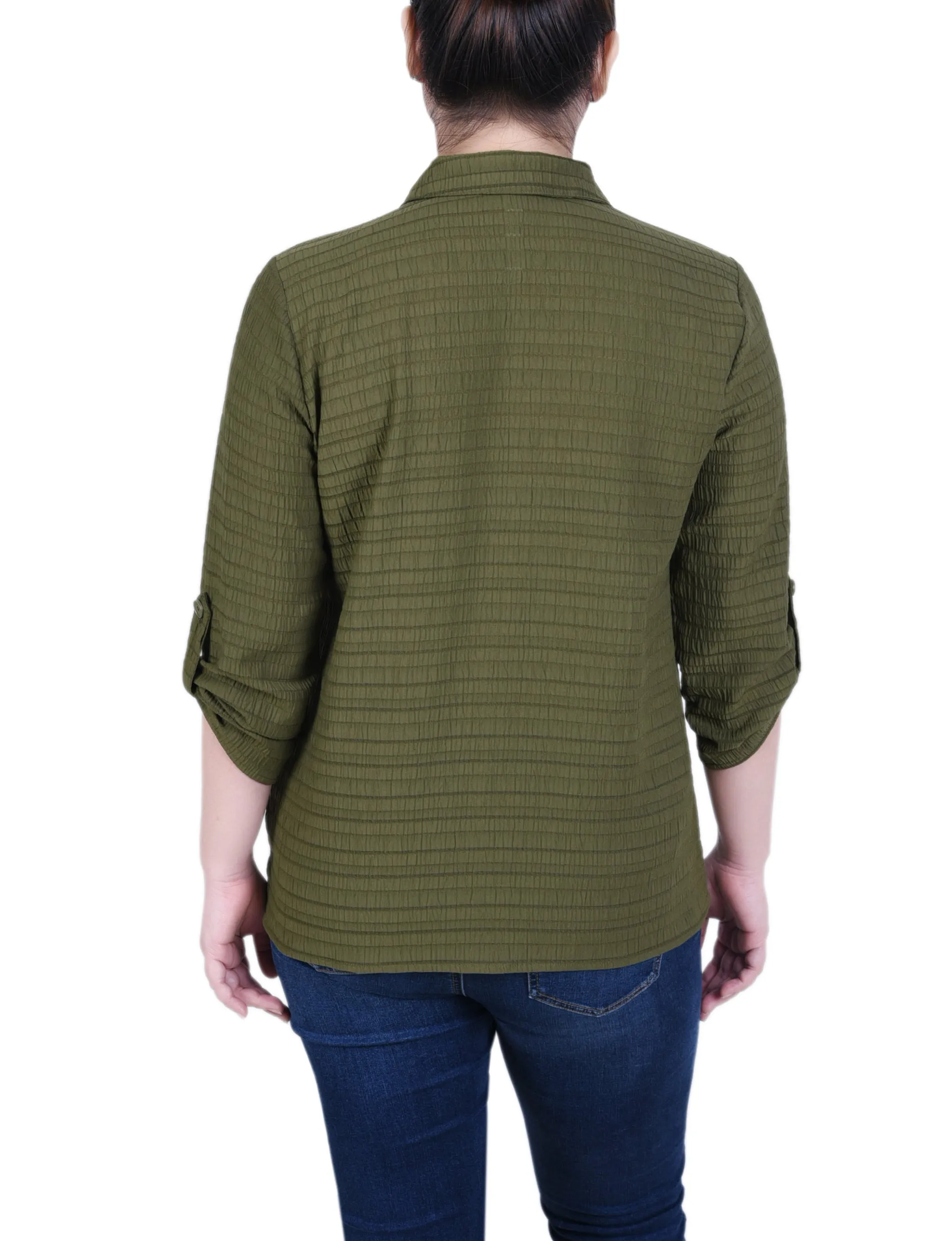 Long Roll Tab Sleeve Jacquard Blouse
