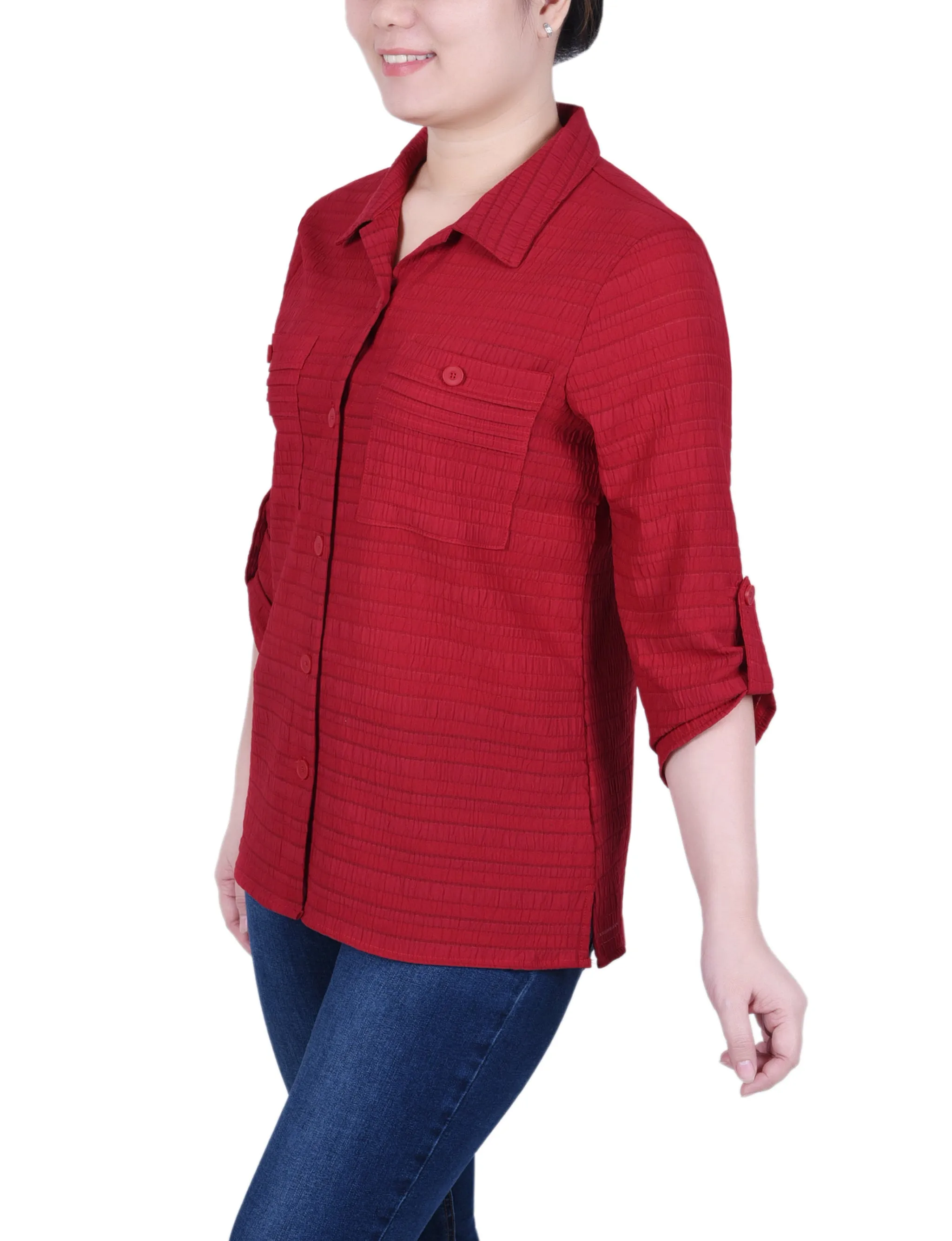 Long Roll Tab Sleeve Jacquard Blouse