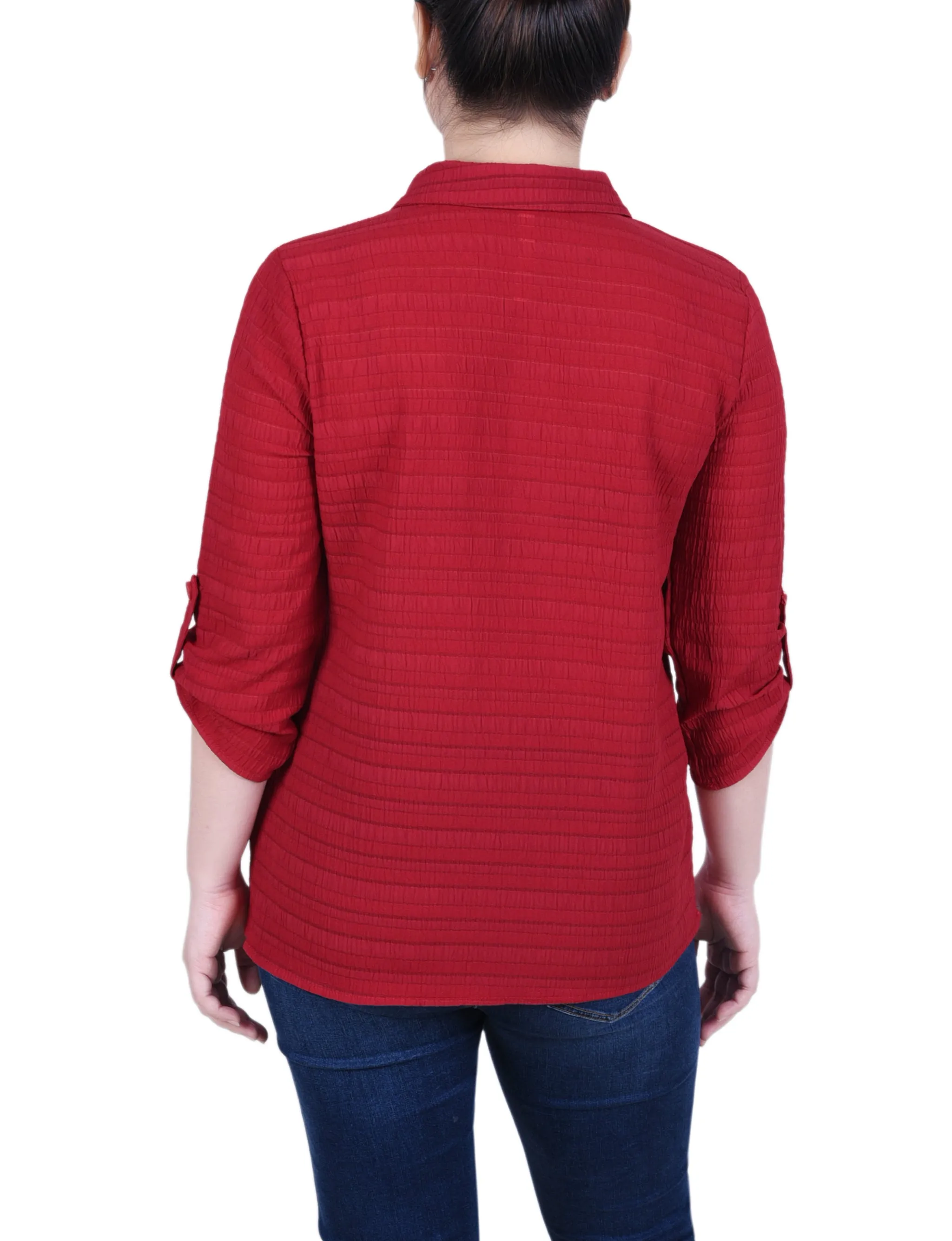 Long Roll Tab Sleeve Jacquard Blouse