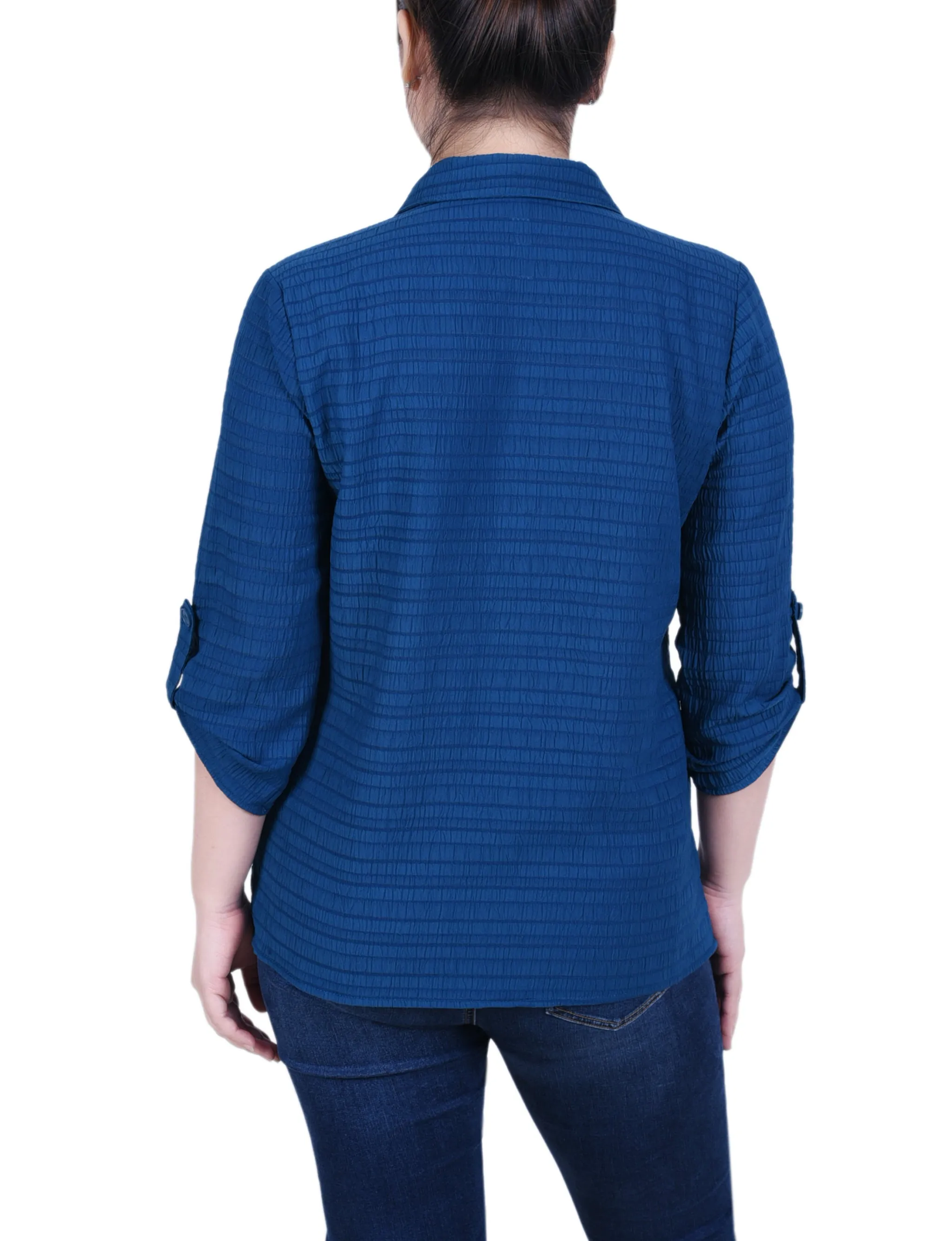 Long Roll Tab Sleeve Jacquard Blouse