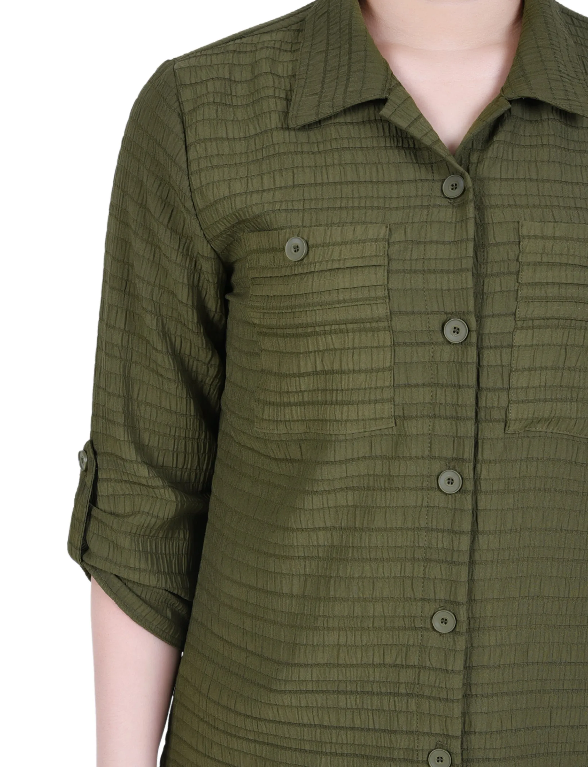 Long Roll Tab Sleeve Jacquard Blouse